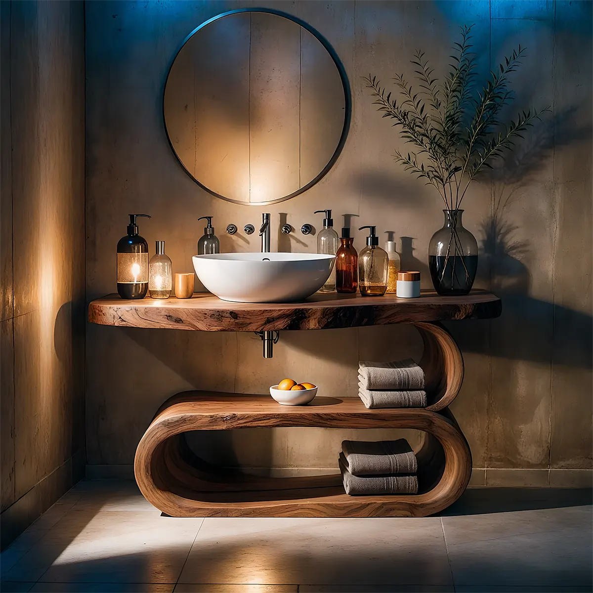 WaveArc Vanity – Solid Wood Bathroom with Zen Curves - Rustirawood